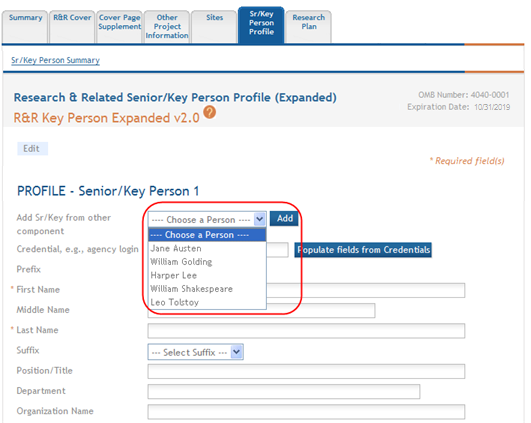 The Add Sr/Key Person from other component drop-down list is shown