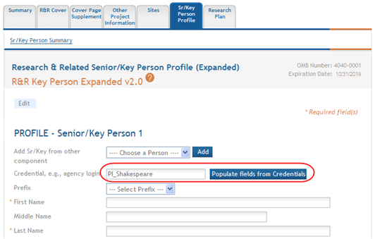 Credential field and Populate field from Credential buttons are highlighted