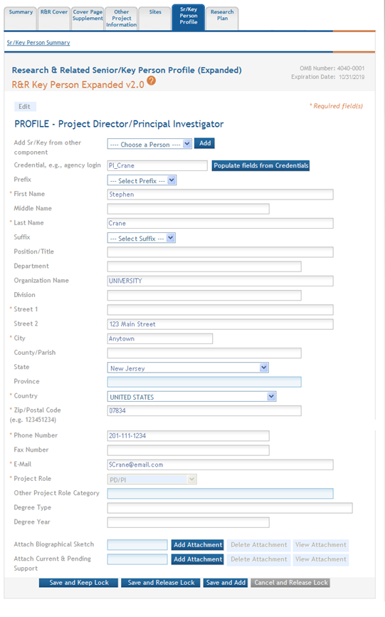 The Senior/Key Person Profile Expanded fields for editing