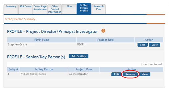 Sr/Key Person Summary is shown, highlighting the Remove button for PROFILE-Senior/Key Person(s) section