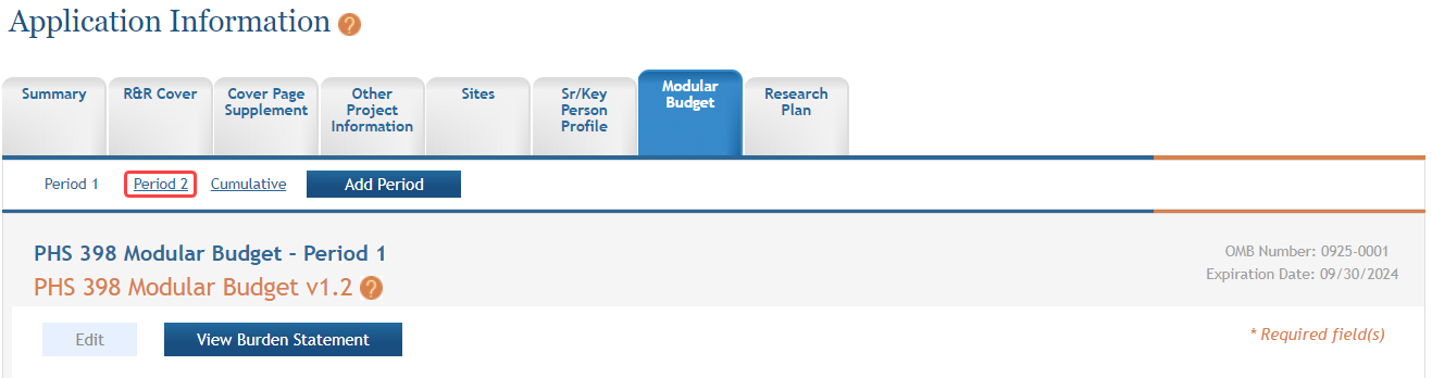 A portion of the Modular Budget form is shown displaying the links to all entered budget periods across the top