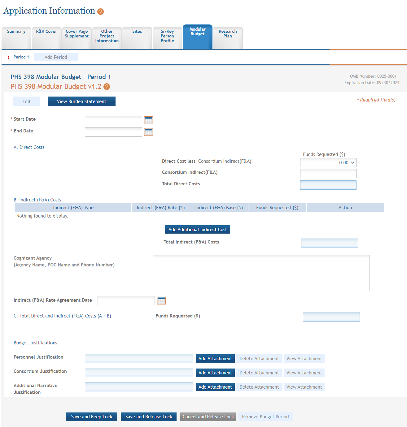 The Modular Budget form is expanded for editing