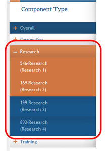 Sample of the Component Type panel on left side of ASSIST screens. Components within Research Component Type have been reordered.