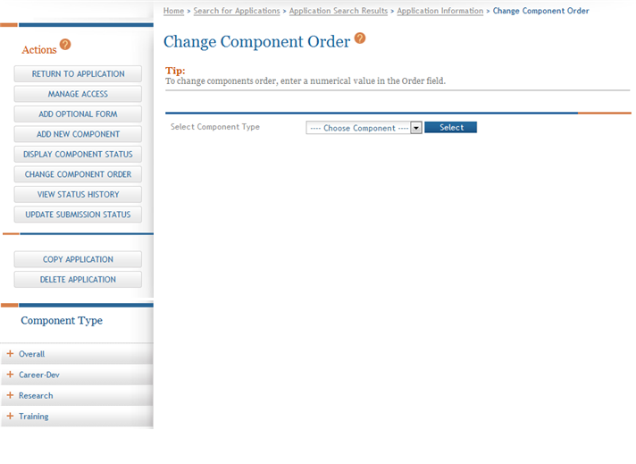 Change Component Order screen as first seen when accessing.