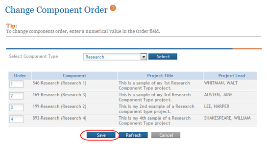 Screen as it looks after refreshing. Screen shows components newly ordered as 1-4, with previous item ordered as 1.5 now 2nd in the list.