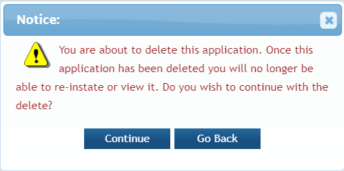 Popup showing the first confirmation message for deleting an application