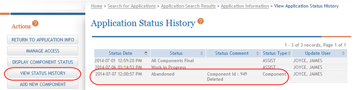 Application Status History Screen showing deleted component