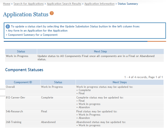 Sample of Status Summary screen
