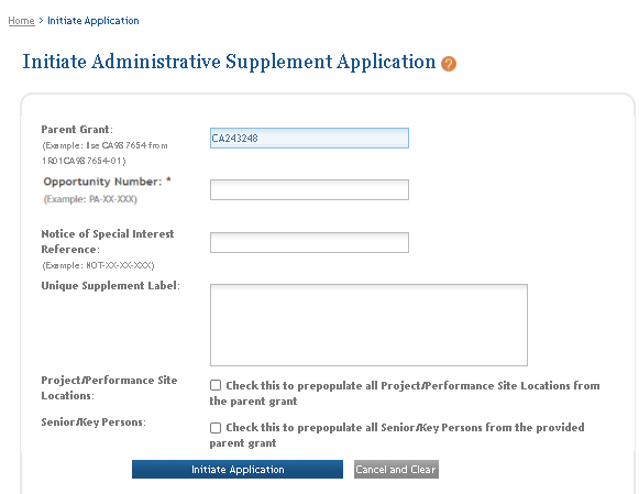 Initiate Administrative Supplement Application screen