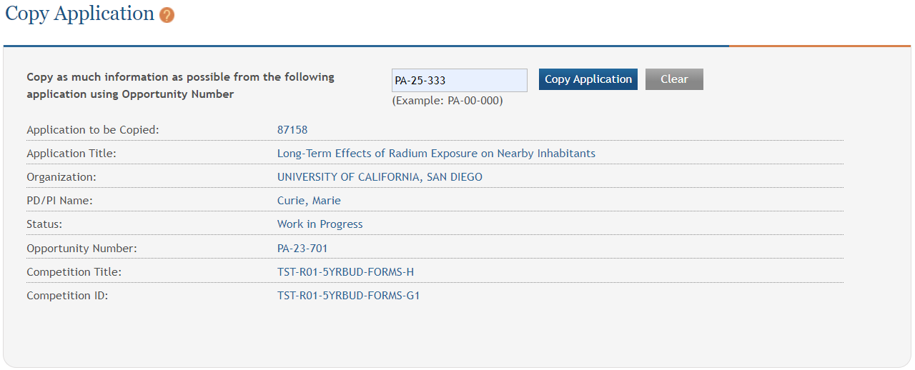 Copy Application screen with a sample opportunity number entered