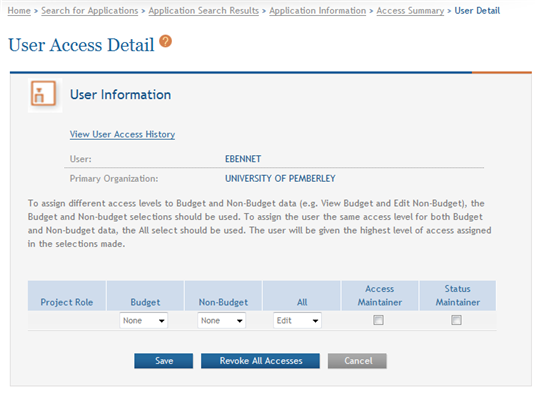 Sample of the User Access Detail page