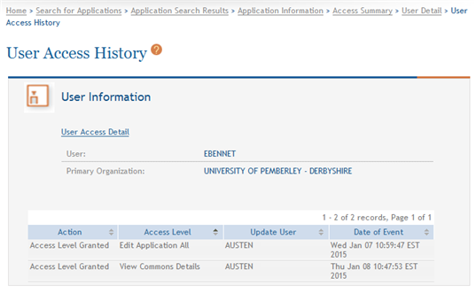 Sample of User Access History page