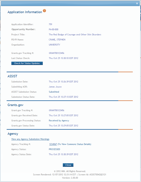 Submission status details display for ASSIST, Agency, and Grants.gov