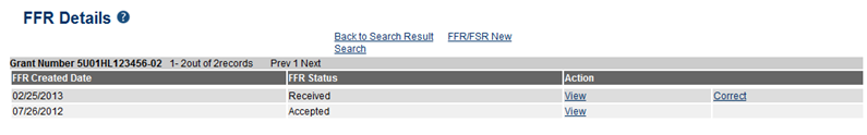 FFR Details screen shows two records for the grant: Received and Accepted status FFRs