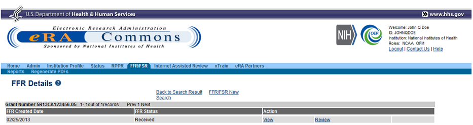 Sample FFR Details screen for an internal OFM user