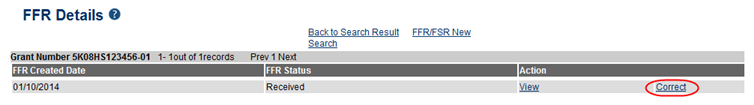 FFR Details screen showing a Received status record with the 'Correct' link available