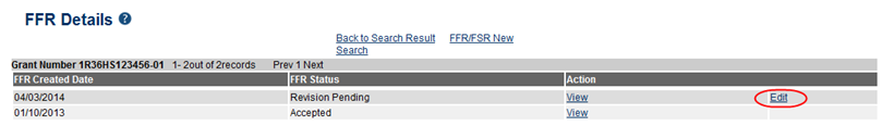Sample FFR Details showing a Revision Pending record with the Edit link