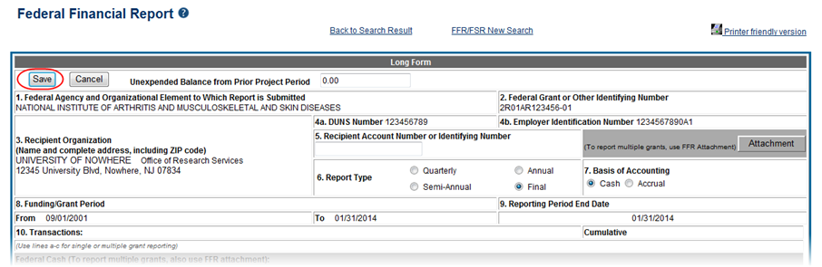 Top portion of a sample FFR form, highlighting the Save button