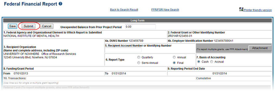 Top portion of the form showing the Submit button