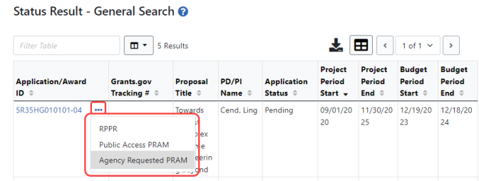 Signing official view of Status, showing Agency Requested PRAM option under three-dot ellipsis menu