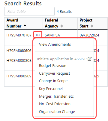 Three-dot ellipsis menu on the Manage Post Award Amendments: Search screen in the Non Research module