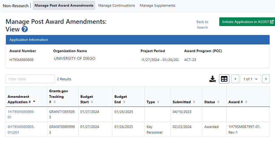 Manage Post Award Amendments: View screen