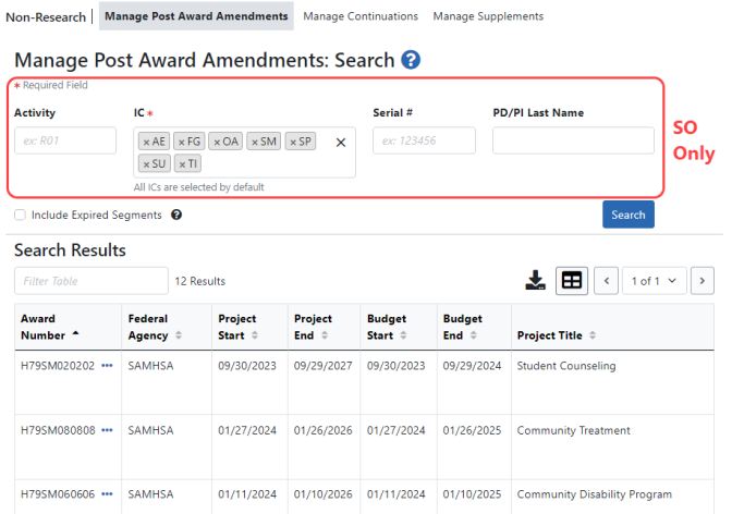 Non Research Amendments Search Screen