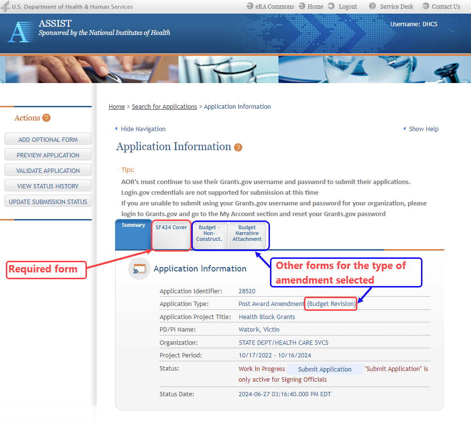 ASSIST screen showing the initial screen for creating a Budget Revision amendment