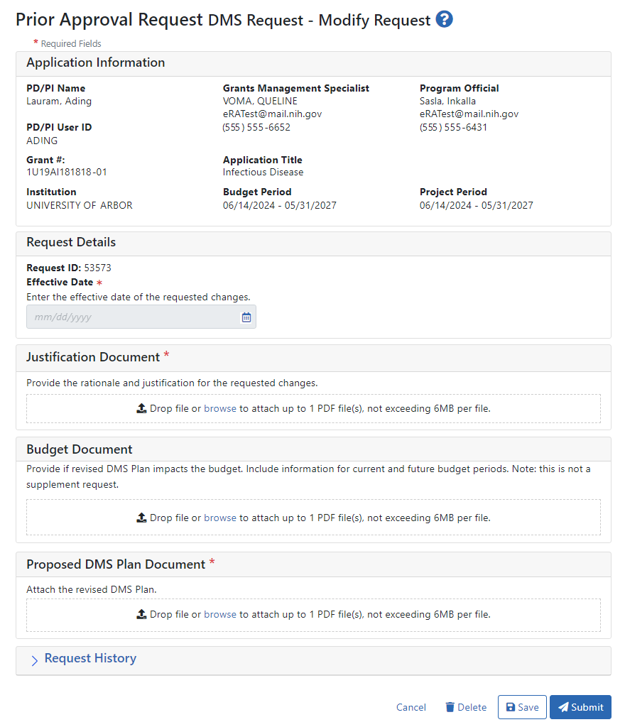 DMS Request details screen for Prior Approval