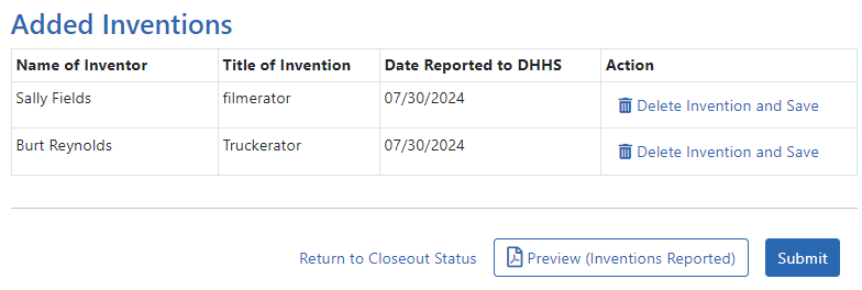 Added Inventions section of Process Final Invention Statement screen, showing a list of inventions