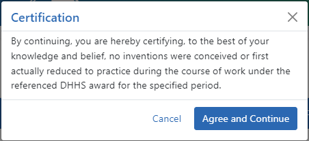 Certification popup for that appears when submitting a final invention statement indicating no inventions