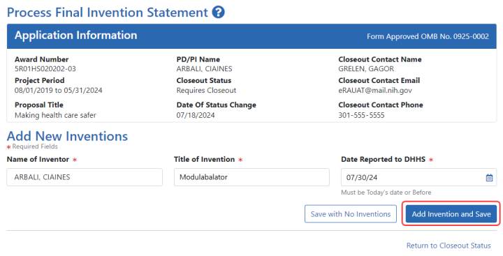 Process Final Invention Statement screen with no inventions yet added