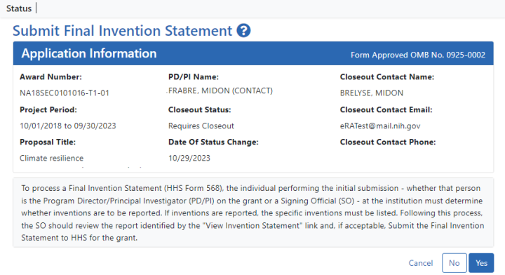 Submit Final Invention Statement screen for SO