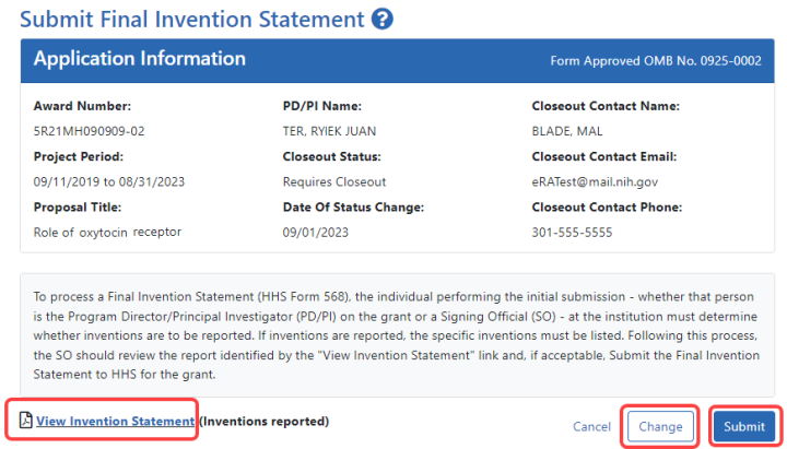 Submit Final Invention Statement screen with Change button and View Invention Statement link outlined in red