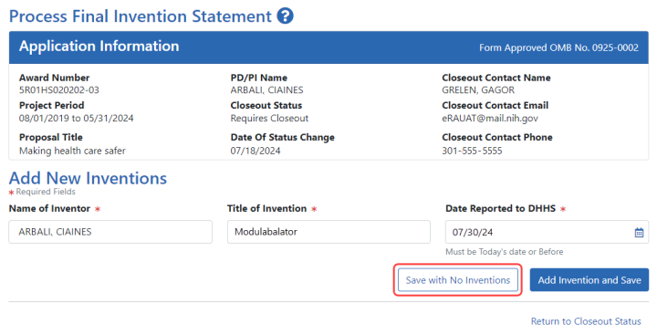 Process Final Invention Statement screen with Save with No Inventions button outlined