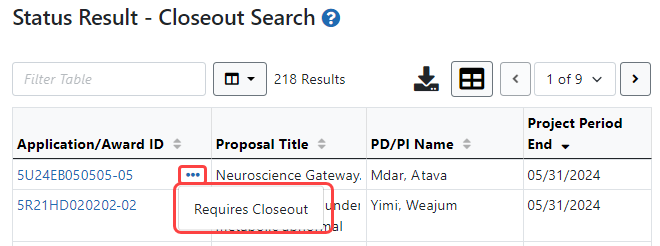 Status search results showing Requires Closeout under the three-dot ellipsis menu