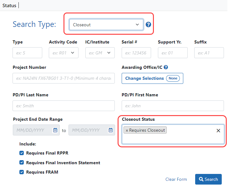 Status module with Closeout Search Type and Requires Closeout in Closeout Status field