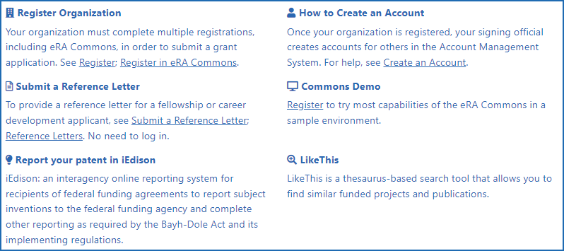 Important links include those relating to registering an organization, submitting reference letters, reporting patents, creating accounts, using a Commons Demo environment, and using the LikeThis search module