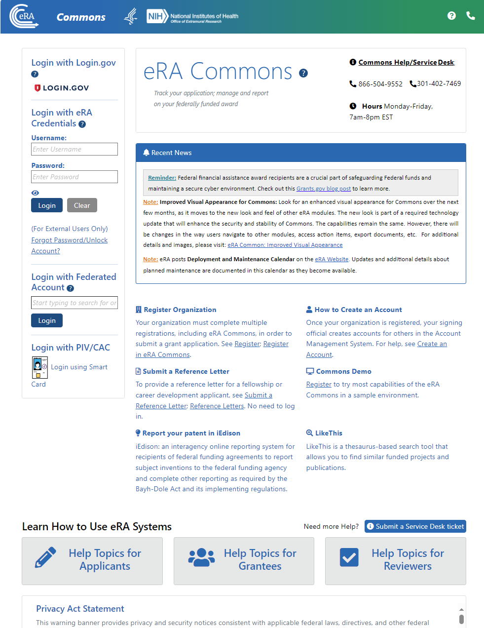 eRA Commons login screen