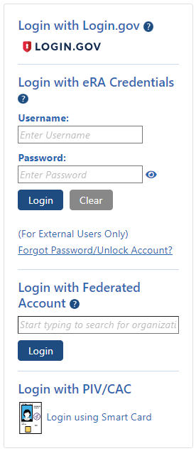 Four login methods on upper left of eRA Commons login screen, including Login.gov, eRA Credentials, Federated Account, and PIV/CAC smartcard