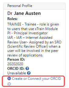 Personal Profile section indicating link to connnect to or create an ORCID iD