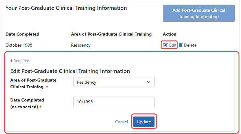 Edit Clinical Training record