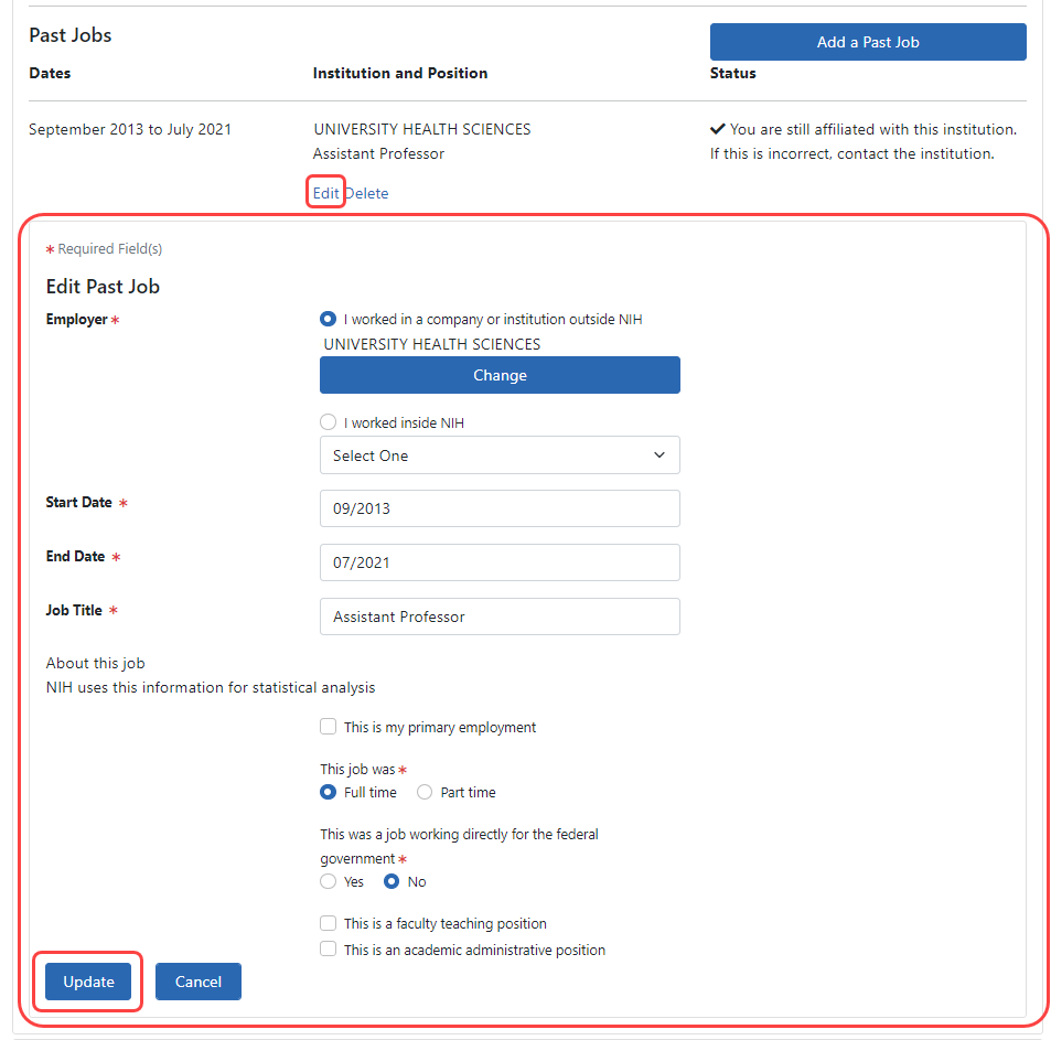 Edit Past Job box