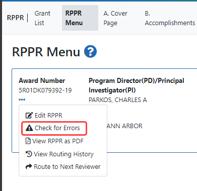 Check for Errors button in the three-dot ellipsis menu on the RPPR Menu screen