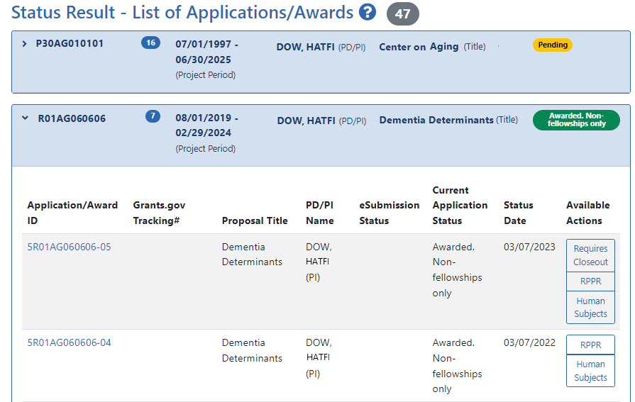 Sample of an expanded award/application on Status for PIs