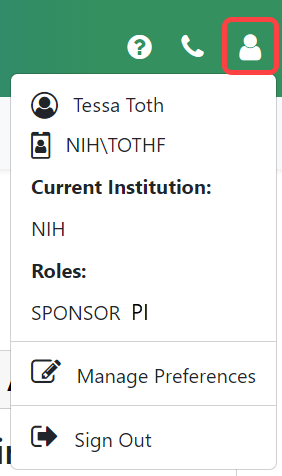 Click the person icon in upper right to see current institution and roles. 