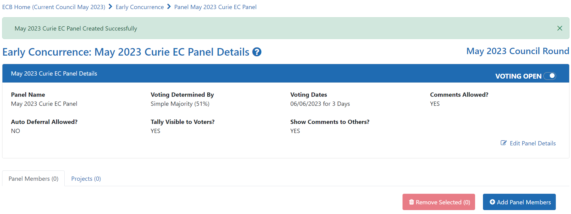 Early Concurrence Panel Details screen