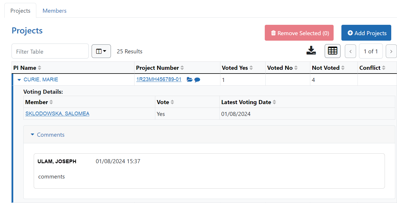 Project details with voting count and council member comments displayed