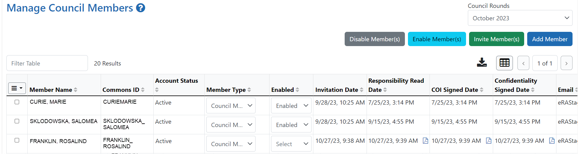 Manage Council Members screen