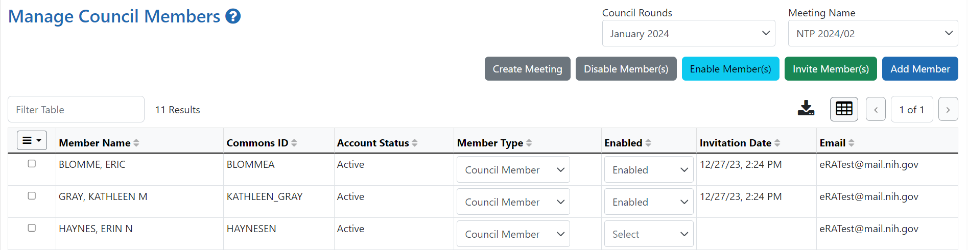 NTP Manage Council Members screen